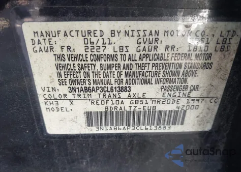 2012 Nissan Sentra 2.0 Sr z USA, uszkodzony, nr VIN 3N1AB6AP3CL613883